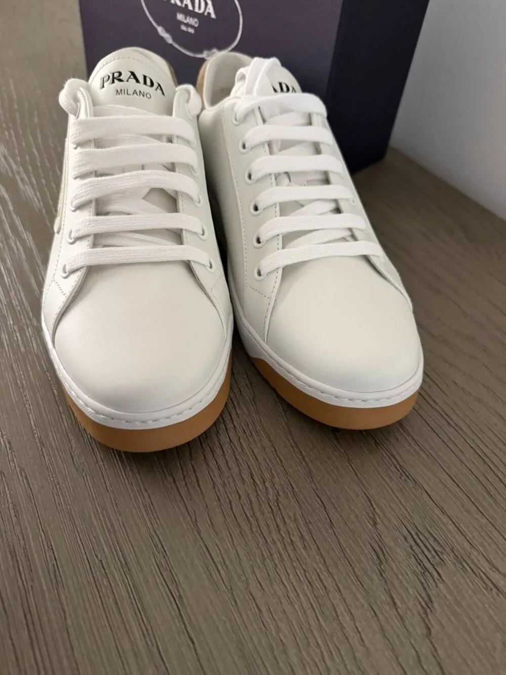 PRADA Calzature Donna Women's White/Tan Sneakers - Size 9 (39) - NEW! - Picture 3 of 14